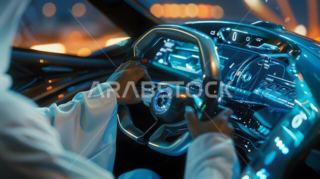 التقدم والتطور التقني والتكنولوجي، صورة مقربة ليد رجل عربي سعودي خليجي يرتدي الثوب التقليدي يتفاعل مع واجهة رقمية مستقبلية، مفهوم صناعة وابتكار السيارات المتطورة، الابتكار والتحول الرقمي في المملكة العربية السعودية
