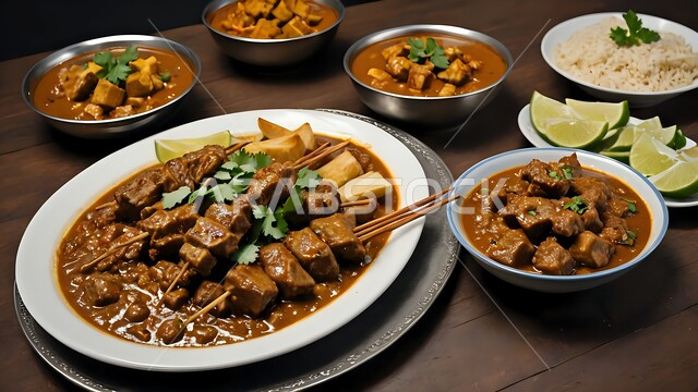 فنون تقديم الأطعمة الشرقية المميزة، المطاعم والمطابخ في المملكة العربية السعودية، مأكولات عربية تقليدية, وجبات غذائية غنية بالبروتين, وصفات الطعام الصحية الشهية، أطباق من أسياخ اللحم مع صلصة الكاري اللذيذة المزين بالأعشاب مع الأرز وقطع الليمون الطازج