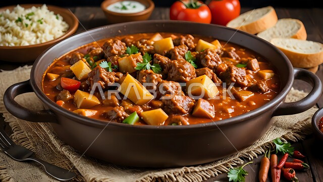 طبق من يخنة لحم البقر مع البطاطس والخضار المزين بأوراق البقدونس، فنون تقديم الأطعمة الشرقية، وصفات وأطباق طعام شعبية لذيذة، مطاعم للمأكولات العربية الخليجية السعودية المشهورة، وجبات صحية بطرائق شهية، وجبة غذائية مفيدة وصحية