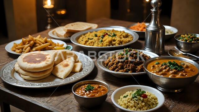 أجواء شهر رمضان المبارك، العزائم والولائم في الأعياد والمناسبات الإسلامية، المقبلات والأطباق والأصناف العربية الشرقية اللذيذة، مائدة طعام مليئة بالوجبات المتنوعة الرمضانية، سفرة من المأكولات الشعبية التقليدية الشهية