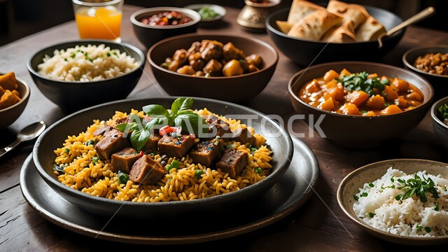 The skill of preparing the famous Gulf Mandi recipe with its rich spices and flavours, a plate of Kabsa rice decorated with pieces of meat, traditional popular Arab banquets and dishes, recipes for delicious oriental foods and meals, kitchens and restaurants of the Kingdom of Saudi Arabia, a plate of biryani with fatty meat