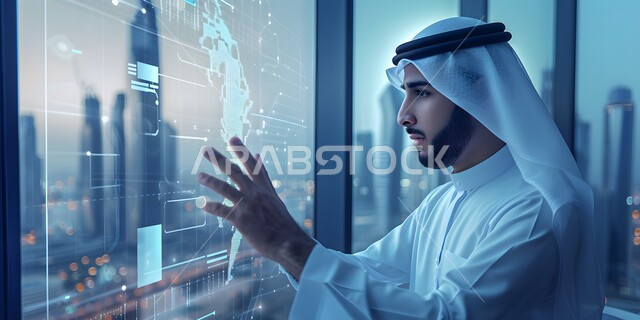 استخدام التقنيات الالكترونية الحديثه، صورة مقربة لرجل عربي خليجي سعودي يرتدي الثوب التقليدي يقوم بلمس أيقونات ورموز هولوجرامية مضيئة، مفهوم النمو والتقدم التكنولوجي في المملكة العربية السعودية، خلفية ناطحات السحاب والأبراج التجارية الشاهقة