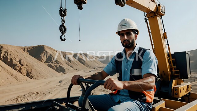 الاشراف على عمل الآلات والمعدات الثقيلة، استخدام الرافعات والسقالات في مواقع البناء، وظائف هندسية صناعية في السعودية، صورة مقربة لمشغل رافعة عربي خليجي سعودي يرتدي خوذة وسترة الحماية ينظرإلى الكاميرا بإيماءات التعب والارهاق