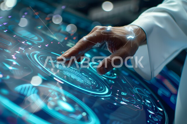 النقر باستخدام حاسة اللمس على شاشة الكمبيوتر اللوحي، صورة مقربة ليد رجل عربي سعودي خليجي يتفاعل مع واجهة رقمية مستقبلية، استخدام التقنيات والتكنولوجيا المتطورة، مفهوم الابتكار والتقدم التقني في المملكة العربية السعودية