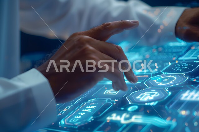 النقر باستخدام حاسة اللمس على شاشة الكمبيوتر اللوحي، صورة مقربة ليد رجل عربي سعودي خليجي يتفاعل مع واجهة رقمية مستقبلية، استخدام التقنيات والتكنولوجيا المتطورة، مفهوم الابتكار والتقدم التقني في المملكة العربية السعودية