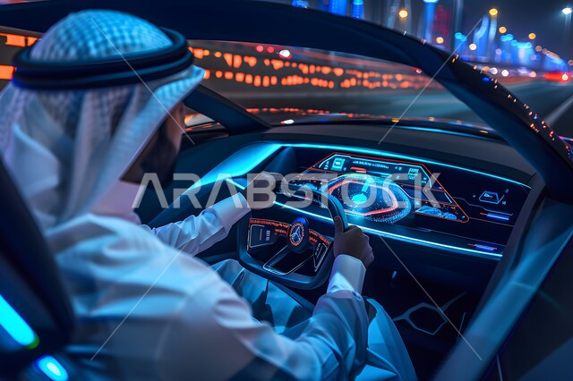 مفهوم صناعة وابتكار السيارات المتطورة، التقدم والتطور التقني والتكنولوجي، صورة مقربة من الجانب لرجل عربي سعودي خليجي يرتدي الثوب التقليدي والشماغ يتفاعل مع واجهة رقمية مستقبلية، الابتكار والتحول الرقمي في المملكة العربية السعودية