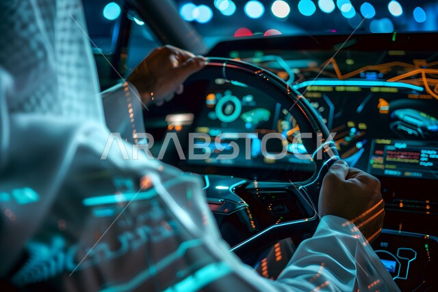 مفهوم صناعة وابتكار السيارات المتطورة، التقدم والتطور التقني والتكنولوجي، صورة مقربة من الجانب لرجل عربي سعودي خليجي يرتدي الثوب التقليدي والشماغ يتفاعل مع واجهة رقمية مستقبلية، الابتكار والتحول الرقمي في المملكة العربية السعودية