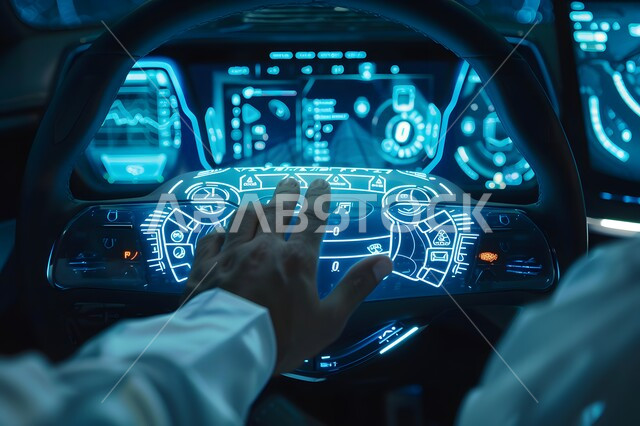 التقدم والتطور التقني والتكنولوجي، صورة مقربة ليد رجل عربي سعودي خليجي يرتدي الثوب التقليدي يتفاعل مع واجهة رقمية مستقبلية، مفهوم صناعة وابتكار السيارات المتطورة، الابتكار والتحول الرقمي في المملكة العربية السعودية