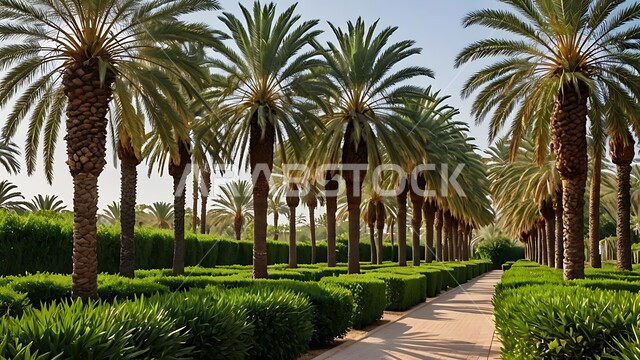 شجر النخل المثمر في احدى حدائق المملكة العربية السعودية في وقت النهار،  الاهتمام بالزراعة والنباتات الخضراء، أماكن سياحية للتنزه واستنشاق الهواء الطلق، محاصيل محلية وطنية