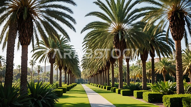 شجر النخل المثمر في احدى حدائق المملكة العربية السعودية في وقت النهار،  الاهتمام بالزراعة والنباتات الخضراء، أماكن سياحية للتنزه واستنشاق الهواء الطلق، محاصيل محلية وطنية