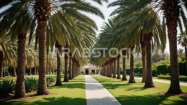 شجر النخل المثمر في احدى حدائق المملكة العربية السعودية في وقت النهار،  الاهتمام بالزراعة والنباتات الخضراء، أماكن سياحية للتنزه واستنشاق الهواء الطلق، محاصيل محلية وطنية