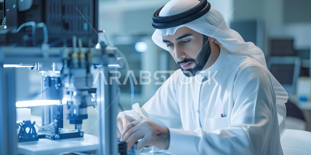 استخدام الأجهزة والآلات التقنية الحديثة في المكاتب، صورة مقربة لرجل عربي خليجي سعودي يرتدي الثوب التقليدي والشماغ يقوم  باستخدام طابعة ثلاثية الأبعاد لتصنيع منتج ما، ابتكارات وصناعات هندسية، التقدم والتطور التقني والتكنولوجي في المملكة العربية السعودية