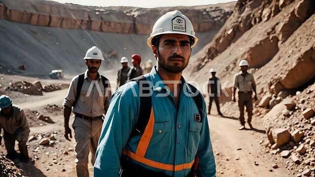 الاشراف على المشاريع في موقع العمل، تطور ونمو القطاع الهندسي في المناطق الصحراوية، صورة مقربة لعمال عرب خليجيون سعوديون يرتدون خوذة وسترة الحماية يعملون في مجال الحفر والبناء، النظر إلى الكاميرا بايماءات الإرهاق والتعب، مهن ووظائف هندسية سعودية