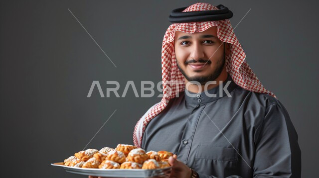 حلى سعودي تقليدي، الاستعداد لإستقبال الأعياد والمناسبات الإسلامية السعيدة، بورتريه مقرب لرجل عربي خليجي سعودي يرتدي الزي التقليدي والشماغ الأحمر يحمل بيده طبق من حلوى قطع المعمول الشهية، النظر الى الكاميرا بتعابير الفرح والسرور، كرم الضيافة وحسن الاستقبال في السعودية، خلفية سوداء
