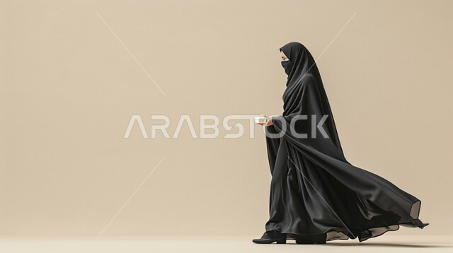 عبايات نسائية بتصاميم مبتكرة عصرية مميزة، عباءات خليجية فاخرة ذات اللون الاسود, بورتريه من الجانب لإمرأة عربية سعودية خليجية منقبه ترتدي العباءه السوداء, الموضة والأناقة للمحجبات، خلفية بيج