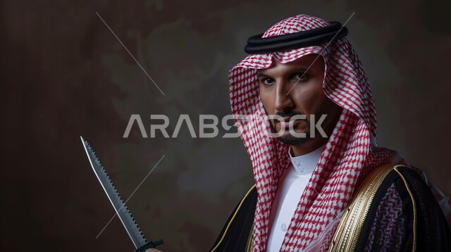 مفهوم الرجولة والقوة والثقة في النفس، الاهتمام بالاناقة والمظهر الخارجي، بورتريه مقرب لرجل عربي خليجي سعودي يرتدي الشماغ الأحمر والبشت التقليدي ينظر إلى الكاميرا بإيماءات الجدية والحزم، خلفية بنية