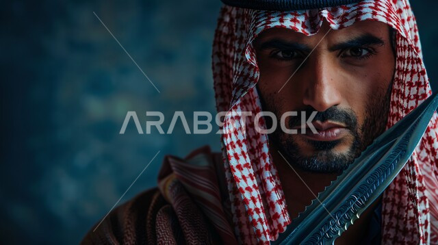 The concept of masculinity, strength and self-confidence, interest in elegance and external appearance, close-up portrait of a Saudi Arabian Gulf man wearing a red shemagh and traditional bisht looking at the camera with gestures of seriousness and firmness, blue background