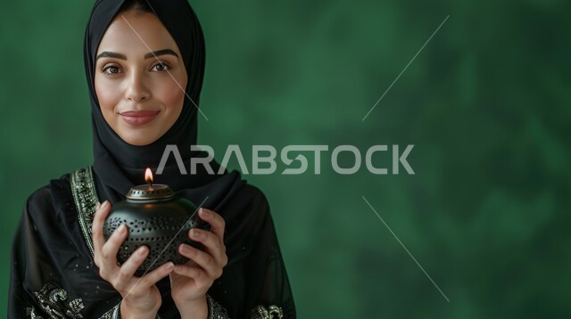 الإستعداد لقدوم شهر رمضان المبارك، أجواء السكينة والروحانية، بورتريه مقرب لسيدة عربية خليجية سعودية محجبة ترتدي العباءة السوداء تحمل بيدها فانوس معدني مضيء،النظر الى الكاميرا بتعابير الفرح والسرور،المناسبات والأعياد الدينية، خلفية خضراء