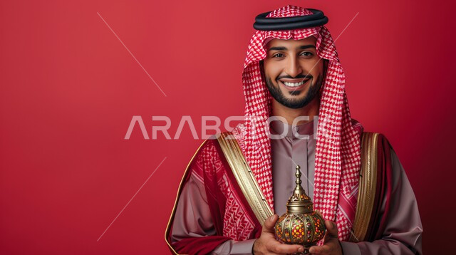 المناسبات الدينية والأعياد الإسلامية, الاستعداد لقدوم شهر رمضان, بورتريه لشاب عربي خليجي سعودي مبتسم يرتدي الثوب التقليدي والشماغ الأحمر يحمل بيده الفانوس المضيء, النظر الى الكاميرا بتعابير الفرح والسرور، تحف وزينة الاحتفالات في السعودية, خلفية حمراء