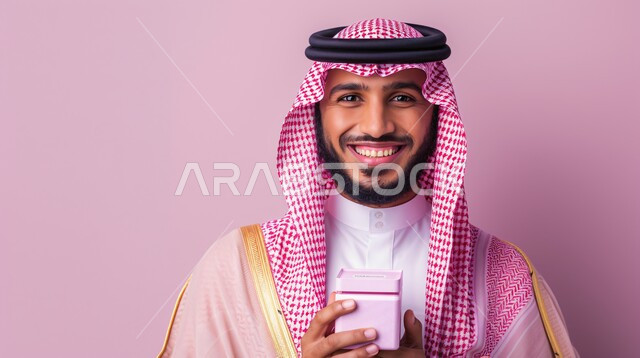 مفهوم الشكر والامتنان، تقديم الهدايا بالاعياد والمناسبات الخاصة، التعبير عن الحب والتقدير والاحترام، بورتريه لرجل عربي خليجي سعودي يرتدي الثوب التقليدي والشماغ الأحمر يحمل بيديه صندوق هدية وردي اللون ينظر إلى الكاميرا بايماءات السعاده والسرور، خلفية وردية