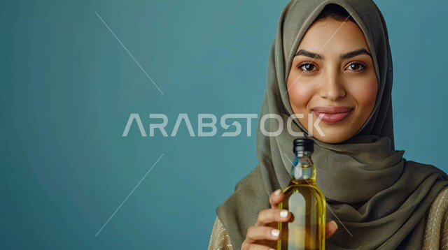 منتجات ومحاصيل وطنية محلية سعودية، مفهوم حصاد الزيتون وعصره، بورتريه مقرب لإمرأة عربية خليجية سعودية مبتسمة ترتدي الحجاب البني تحمل بيدها زجاجة زيت الزيتون الذهبي، النظر الى الكاميرا بتعابير الفرح والسرور، خلفية زرقاء