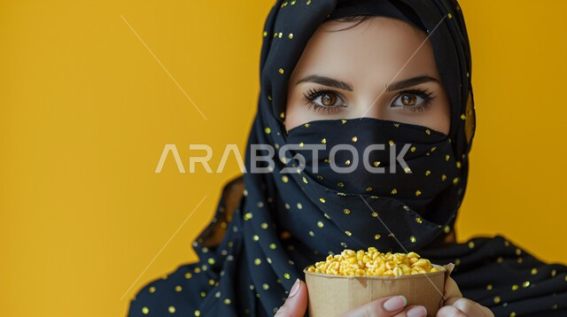 مفهوم الانوثة والنعومة والاهتمام بالمظهر الخارجي، التسلية والترفيه بقضاء أوقات ممتعة، بورتريه لامرأة عربية خليجية سعودية منقبة ترتدي الحجاب الاسود المنقط تحمل بيدها كأس من الفوشار تنظر الى الكاميرا، خلفية صفراء