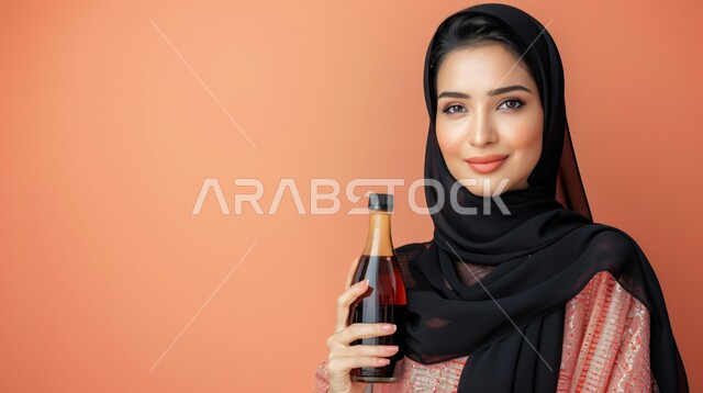 Enjoying cold drinks in hot weather, fresh fruit juices, taking care of appearance and elegance, close-up portrait of a smiling Saudi Arabian Gulf woman wearing black hijab holding a bottle of refreshing natural juice, looking at the camera with gestures of pleasure and enjoyment, orange background