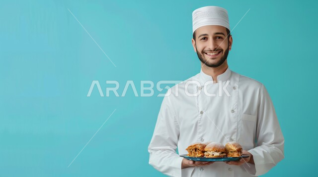مخبوزات شعبية طازجة، مجموعة من المعجنات الشهية والسريعة بأطعمة متنوعة، بورتريه لشيف عربي خليجي سعودي برتدي بونيفورم الطبخ يحمل بيده طبق من المعجنات الطازجة، النظر الى الكاميرا بتعابير الثقة والسرور، مطاعم للمأكولات العربية الشرقية في المملكة العربية السعودية، خلفية زرقاء