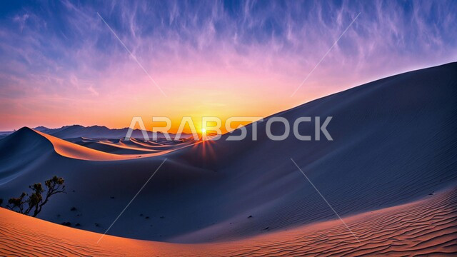 التكوينات والتشكلات الرملية في صحراء المملكة العربية السعودية، التضاريس و المرتفعات والقمم الجبلية في البراري، الهضاب و التلال من الرمال الناعمة في الربع الخالي، مناطق البادية والبيئة الطبيعية الصحراوية عند غروب الشمس، خلفية الطبيعة