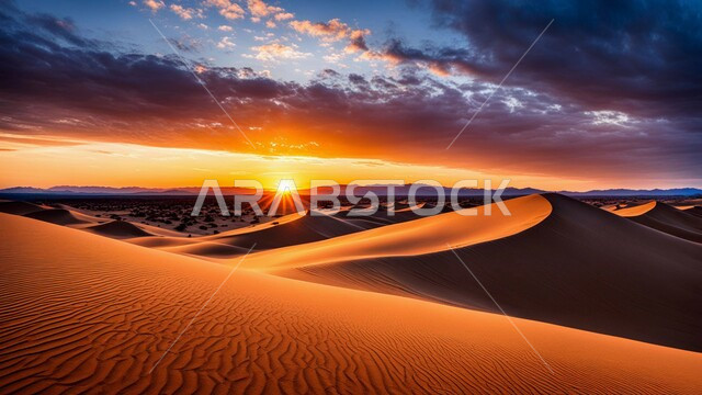 التكوينات والتشكلات الرملية في صحراء المملكة العربية السعودية، التضاريس و المرتفعات والقمم الجبلية في البراري، الهضاب و التلال من الرمال الناعمة في الربع الخالي، مناطق البادية والبيئة الطبيعية الصحراوية عند غروب الشمس، خلفية الطبيعة