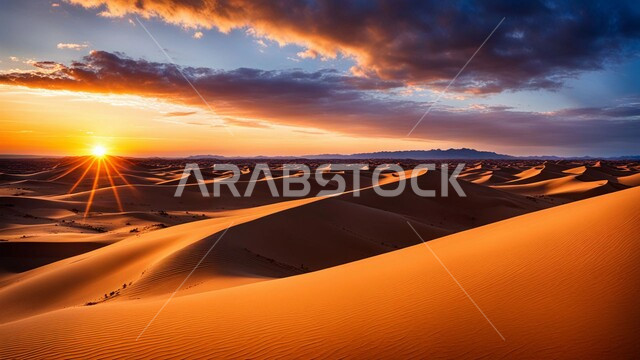 التكوينات والتشكلات الرملية في صحراء المملكة العربية السعودية، التضاريس و المرتفعات والقمم الجبلية في البراري، الهضاب و التلال من الرمال الناعمة في الربع الخالي، مناطق البادية والبيئة الطبيعية الصحراوية عند غروب الشمس، خلفية الطبيعة