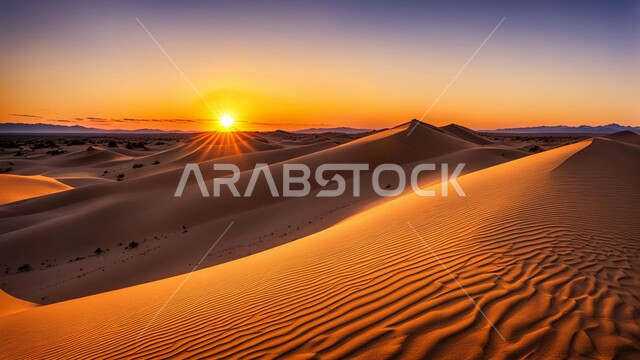 التكوينات والتشكلات الرملية في صحراء المملكة العربية السعودية، التضاريس و المرتفعات والقمم الجبلية في البراري، الهضاب و التلال من الرمال الناعمة في الربع الخالي، مناطق البادية والبيئة الطبيعية الصحراوية عند غروب الشمس، خلفية الطبيعة