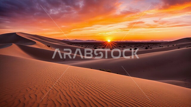 التكوينات والتشكلات الرملية في صحراء المملكة العربية السعودية، التضاريس و المرتفعات والقمم الجبلية في البراري، الهضاب و التلال من الرمال الناعمة في الربع الخالي، مناطق البادية والبيئة الطبيعية الصحراوية عند غروب الشمس، خلفية الطبيعة