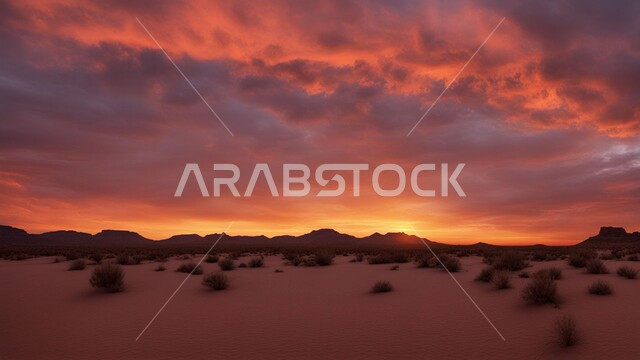 نمو النباتات والأعشاب الشوكية في الطبيعة الصحراوية، الرمال الذهبية الناعمة، منظر غروب الشمس في صحراء المملكة العربية السعودية, التلال والهضاب الرملية, خلفيه الطبيعه