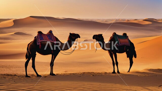 السفر والتنقل على الجمال والإبل، مجموعه من حيوان الجمل تسير على الرمال الذهبية الناعمة في المناطق الصحراوية في المملكة العربية السعودية، الكثبان والمرتفعات الرملية في الصحراء وقت غروب الشمس، خلفية الطبيعه,