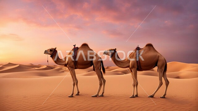 Traveling and transporting on camels and camels, a group of camels walking on soft golden sand in the desert areas of the Kingdom of Saudi Arabia, sand dunes and highlands in the desert at sunset, nature background,