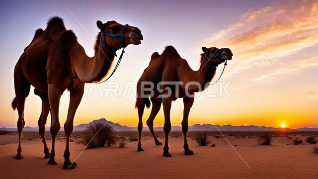 السفر والتنقل على الجمال والإبل، مجموعه من حيوان الجمل تسير على الرمال الذهبية الناعمة في المناطق الصحراوية في المملكة العربية السعودية، الكثبان والمرتفعات الرملية في الصحراء وقت غروب الشمس، خلفية الطبيعه,