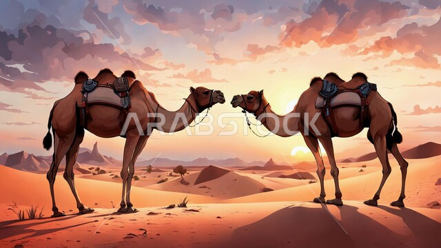 Traveling and transporting on camels and camels, a group of camels walking on soft golden sand in the desert areas of the Kingdom of Saudi Arabia, sand dunes and highlands in the desert at sunset, nature background,