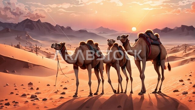 السفر والتنقل على الجمال والإبل، مجموعه من حيوان الجمل تسير على الرمال الذهبية الناعمة في المناطق الصحراوية في المملكة العربية السعودية، الكثبان والمرتفعات الرملية في الصحراء وقت غروب الشمس، خلفية الطبيعه,