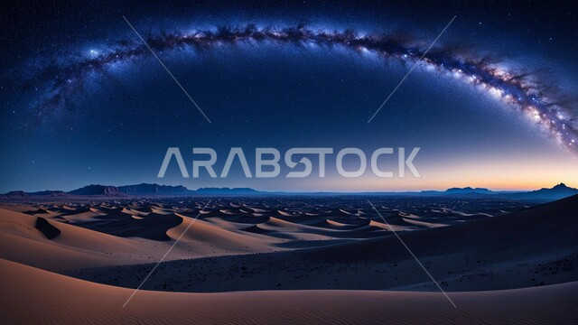 A scene of the Milky Way and the starry sky in the desert at night ...