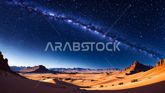 A scene of the Milky Way and the starry sky in the desert at night ...