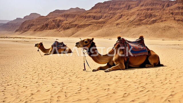 المحميات الطبيعية لتربية حيوان الابل، رعاية الثدييات والمواشي و الجمال في صحاري المملكة العربية السعودية، ناقتان عربيتان أصيلتان في المناطق الصحراوية، مفهوم الأصالة والعراقة, وسائل النقل القديمة, التضاريس و المناظر الطبيعيه في وقت النهار
