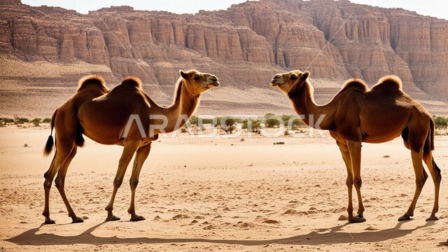 الاهتمام في تربية الجمال و الإبل الأصيلة، حيوان الجمل الأشقر يقف وسط صحراء المملكة العربية السعودية، الكثبان والتلال الرملية في المناطق الصحراوية، مفهوم رعاية المواشي والثدييات عند العرب، التضاريس والمناظر الطبيعية في الصحاري الواسعة