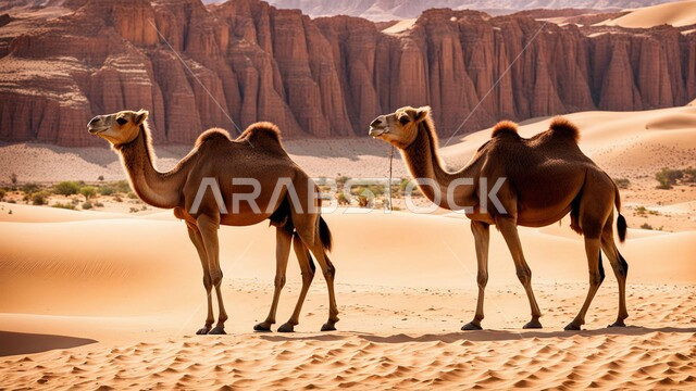 Natural reserves for raising camels, caring for mammals, livestock and camels in the deserts of the Kingdom of Saudi Arabia, two purebred Arabian camels in the desert areas, the concept of authenticity and tradition, ancient means of transportation, terrain and landscapes during the day.