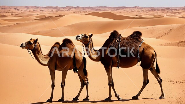 المحميات الطبيعية لتربية حيوان الابل، رعاية الثدييات والمواشي و الجمال في صحاري المملكة العربية السعودية، ناقتان عربيتان أصيلتان في المناطق الصحراوية، مفهوم الأصالة والعراقة, وسائل النقل القديمة, التضاريس و المناظر الطبيعيه في وقت النهار