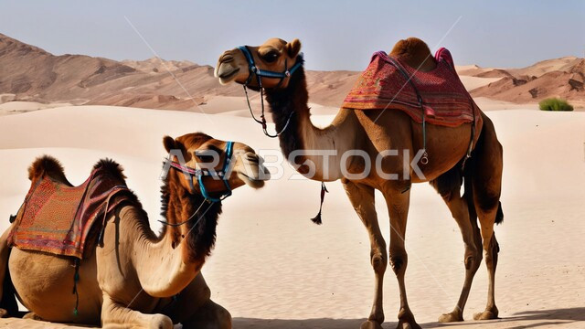 Natural reserves for raising camels, caring for mammals, livestock and camels in the deserts of the Kingdom of Saudi Arabia, two purebred Arabian camels in the desert areas, the concept of authenticity and tradition, ancient means of transportation, terrain and landscapes during the day.