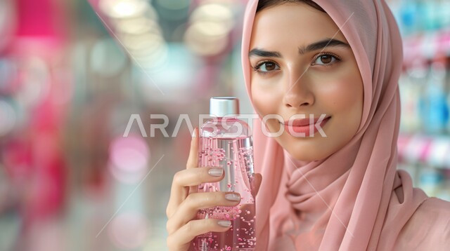 مفهوم الأنوثة والاهتمام بالجمال والبشرة والمظهر الخارجي, متعه الشراء من الماركات العالميه، استغلال العروض والتخفيضات الموسميه، صورة مقربة لسيدة عربية خليجية سعودية ترتدي الحجاب الوردي تحمل بيدها زجاجة ماء الورد، النظر الى الكاميرا بتعابير الفرح والسرور، التسويق لمنتجات الميك اب