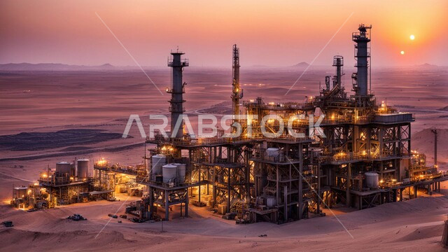 النهضة بالاقتصاد الوطني السعودي, مفهوم هندسة البترول في دول الخليج, الأبراج والهياكل المعدنية في الصحراء وقت غروب الشمس, مصفاة تكرير النفط و الغاز في المملكة العربية السعودية, مستودعات وخزانات كبيرة وضخمة, صناعات ومشاريع بتروكيماوية