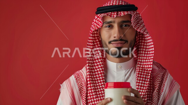  مفهوم الاناقة والرجولة، بورتريه مقرب لشاب عربي خليجي سعودي مبتسم يرتدي الشماغ والثوب التقليدي يحمل بيده صندق باللون الأحمر والأبيض، النظر الى الكاميرا بتعابير السرور والثقة بالنفس، الاعتناء والاهتمام بالمظهر الخارجي، أزياء سعودية تقليدية، خلفية حمراء