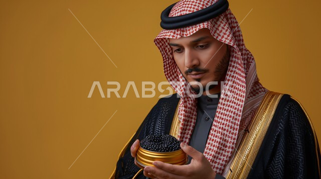تقديم وجبات الأطعمة الشرقية اللذيذة, أطباق المطاعم الشهية, بورتريه مقرب لرجل عربي سعودي خليجي يرتدي الزي التقليدي والشماغ الأحمر يحمل بيده طبق معدني من الطعام اللذيذ ينظر اليه, الأطباق والمأكولات الشعبية التقليدية، وصفات ذات نكهات متميزة، خلفية بني